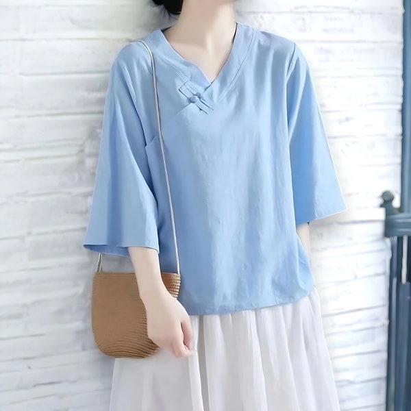 Women's Summer Cotton Tops Half Sleeves Blouse Casual Loose Kimono Customized Shirt Top Hand Made Plus Size Clothes Linen - gift for her