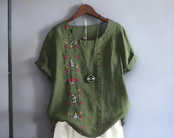 Baumwoll-Leinen-Stickerei-Damenhemden: Elegantes Vintage-Blumen-Kurzarmshirt, lässige Arbeitskleidung, Oberteile, Blusen, Sommerneu, 5XL