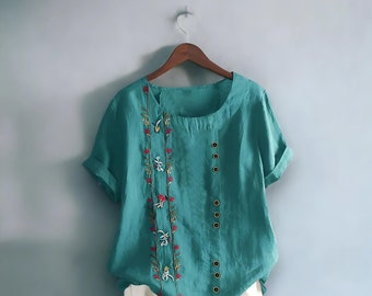 Baumwoll-Leinen-Stickerei-Damenhemden: Elegantes Vintage-Blumen-Kurzarmshirt, lässige Workwear-Oberteile, Blusen, Sommerneuheit, 5XL – Geschenk für Sie
