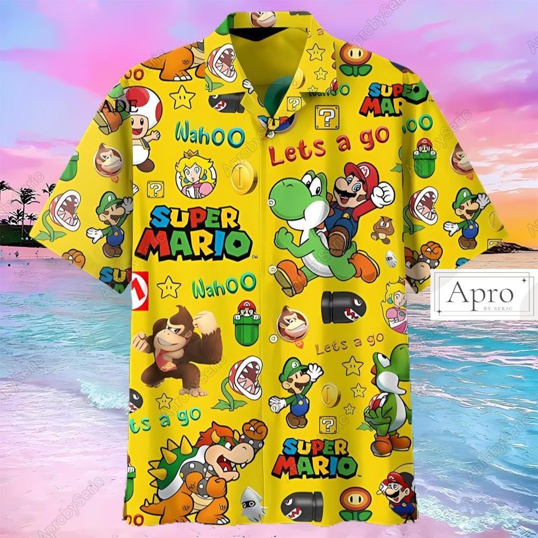 Super Mario Hawaiian Shirt, Super Mario Button Shirt, Nintendo Vacation