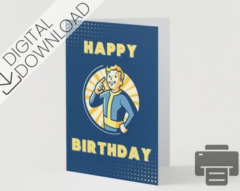 Cartão de feliz aniversário com tema Fallout - com tema de videogame da série Fallout - Download instantâneo PDF e JPG