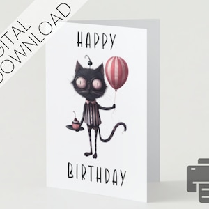 Carte d'anniversaire originale de chat noir | Joyeux anniversaire imprimable | Téléchargement numérique | carte drôle de chat | voeux d'anniversaire bricolage | Tailles 5 x 7 et 4 x 6