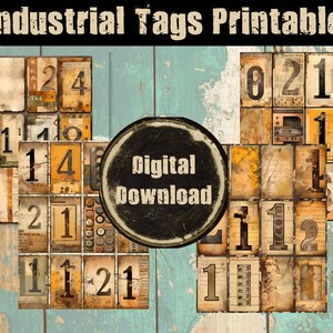 Junk Journal, Paper, Industrial Numbers, Grunge, PNG, Printable, Tags, Masculine, Steampunk, Vintage, Digital Download, Ephemera, Numbers