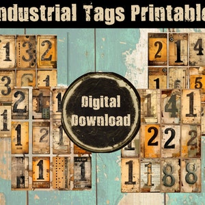 Junk Journal, Paper, Industrial Numbers, Grunge, PNG, Printable, Tags, Masculine, Steampunk, Vintage, Digital Download, Ephemera, Numbers
