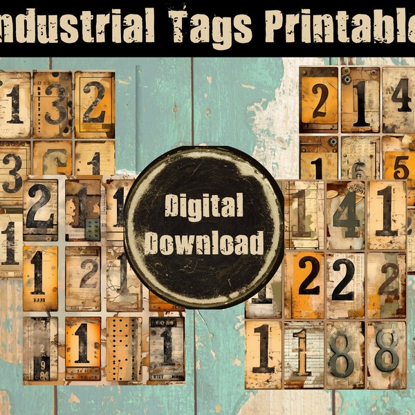 Junk Journal, Paper, Industrial Numbers, Grunge, PNG, Printable, Tags, Masculine, Steampunk, Vintage, Digital Download, Ephemera, Numbers