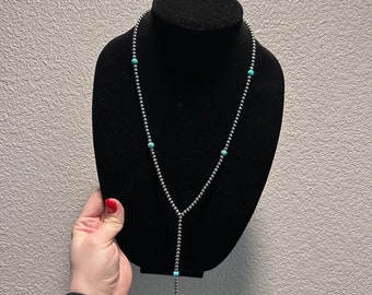 Navajo Pearl and Kingman Turquoise Lariat Necklace