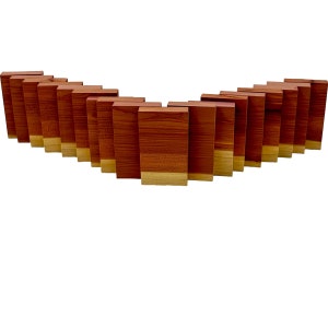 May include: A collection of rectangular wooden blocks arranged in a curved pattern. The blocks are primarily reddish-brown with a lighter, natural wood color at the base. The wood grain is visible, and the blocks are evenly spaced.