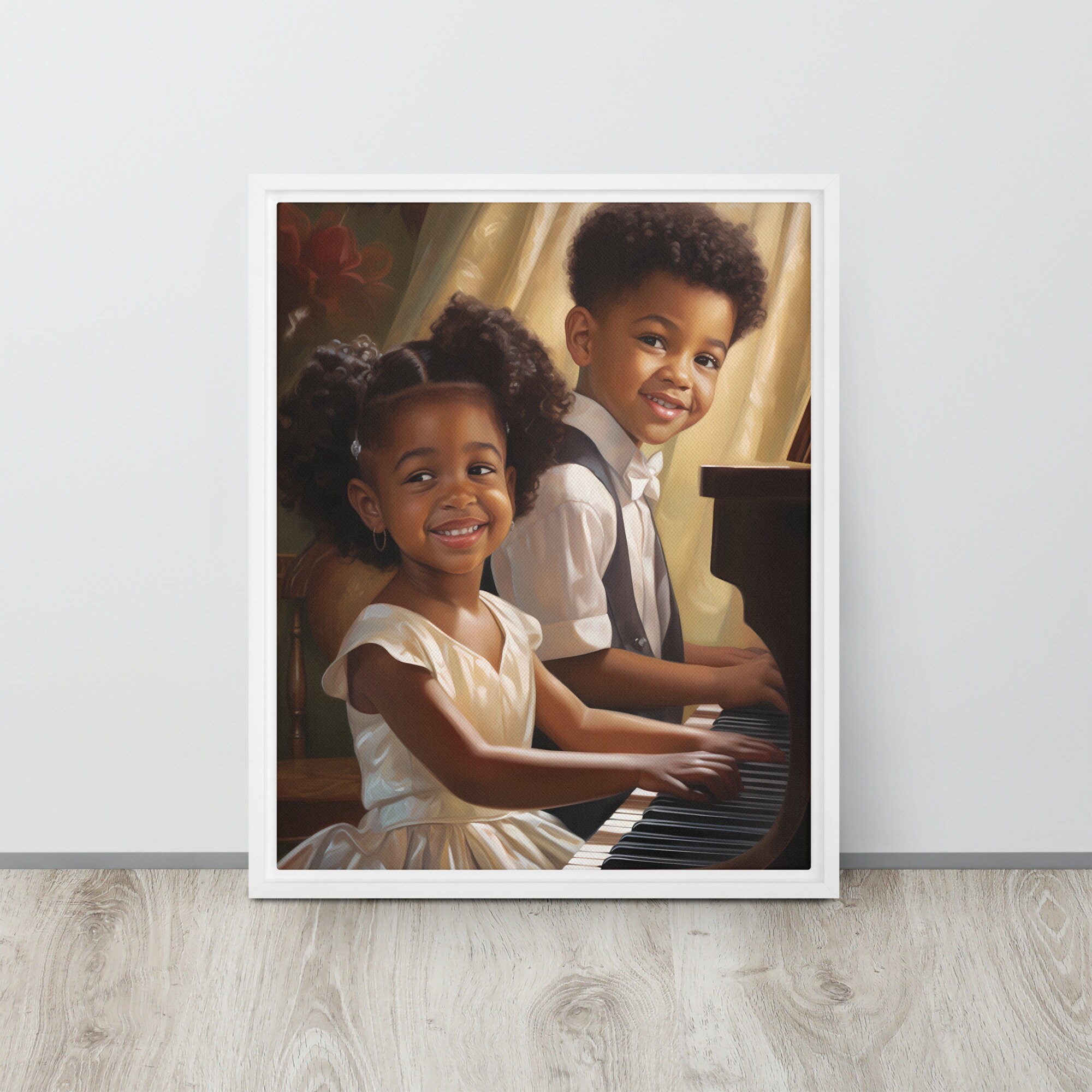 Cute young girl and boy playing piano, Piano art, Framed canvas wall art