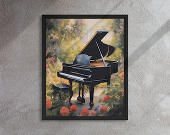 Piano inside a beautiful garden, Piano art, Framed canvas wall art