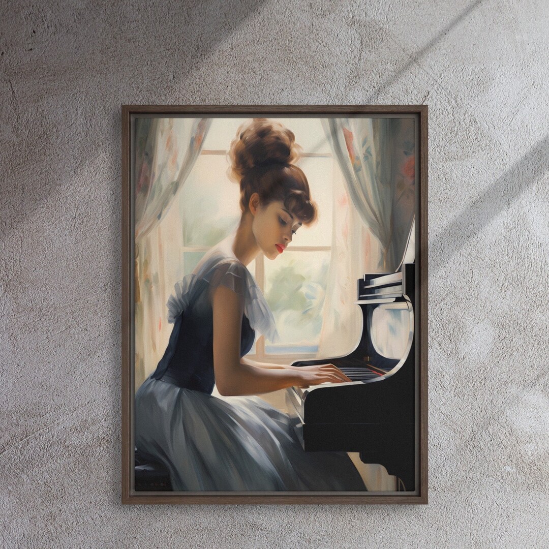 Beautiful Young Woman Playing Piano, Piano Art, Framed Canvas Wall Art ...