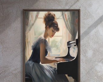 Beautiful young woman playing piano, Piano art, Framed canvas wall art