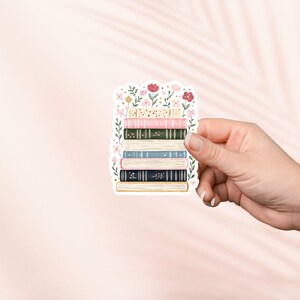 Pegatina de pila de libros y flores, bonita pegatina de vinilo para amantes de los libros, artículos para amantes de los libros, regalo para amantes de los libros, pegatinas para Kindle, amantes de la lectura, primavera