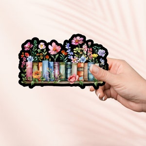 Bloemen en boekenplanksticker, schattige vinylsticker, leergierige merchandise, boekminnaarcadeau, e-reader Kindle-stickers, leesliefhebber, roetlezer