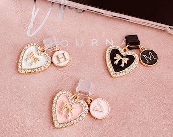 Personalized Kindle Charm, Bow Heart and Initial Dust Plug Charm, Customized Bookish Gifts, Booklover Gift, Kindle Décor, Phone Charm, USB-C