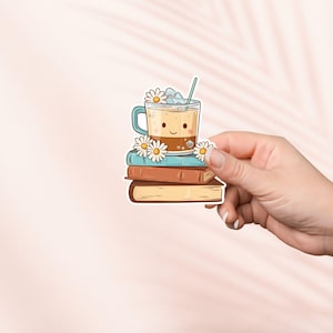 Bücher und Eiskaffee Aufkleber, niedlicher Bücherwurm Vinyl Aufkleber, Bookish Merch, Geschenk für Bücherliebhaber, Kindle e-reader Aufkleber, Leseliebhaber
