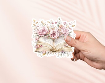 Book and Pink Rose Sticker, Cute Bookish Vinyl Sticker, Bookish Merch, Book Lover Gift, e-reader Kindle Stickers, Reading Lover, Smut Reader