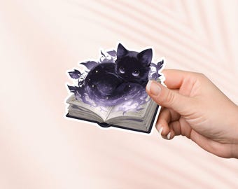 Gotische kat op boek sticker, schattige boek sticker, Kindle stickers, boekenmerchandise, cadeau voor boekenliefhebbers, cadeau voor e-reader, fantasy leesliefhebber