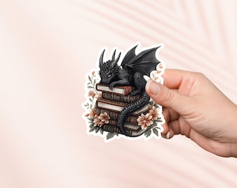 Schwarzer Baby Drache Buch Aufkleber, Vinyl Aufkleber, Fantasy Bookish Merch, Geschenk für Buch-Liebhaber, e-reader Kindle Aufkleber, Leseliebhaber, Booktok