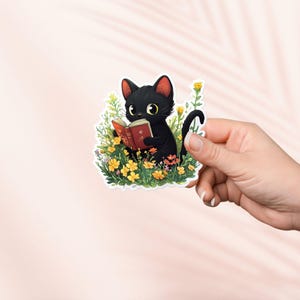 Sticker livre de lecture chat noir, autocollant vinyle mignon, autocollants Kindle, produit livresque, cadeau pour amoureux des livres, cadeau liseuse, amateur de lecture, lecteur charbonneux