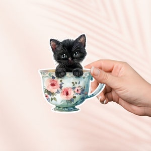 Sticker chaton noir chat dans une tasse vintage, Sticker Cottagecore mignon, Stickers Kindle, produit livresque, cadeau pour amateur de livres, cadeau liseuse, amateur de lecture