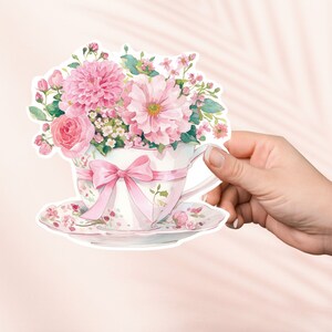 Taza de té vintage y pegatina de flores, linda pegatina de coqueta, merchandising librero, regalo para amantes de los libros, pegatinas Kindle para lectores electrónicos, Cottagecore, Romance