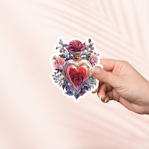 Rose Herz Trank Flasche Aufkleber, süßer Leseratte Aufkleber, Bücherwurm Merch, Geschenk für Buch-Liebhaber, e-reader Kindle Aufkleber, Leseliebhaber, Cottagecore