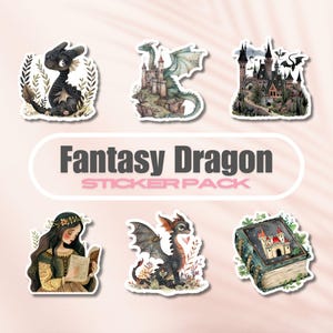 May include: A sticker pack featuring six fantasy-themed designs. The stickers include illustrations of dragons, castles, and a woman reading a book. The text "Fantasy Dragon Sticker Pack" is displayed in the center.