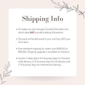 May include: A cream-colored graphic with the text "Shipping Info" in a serif font. The text below details shipping information, including delivery times and methods. Floral illustrations are in the corners.