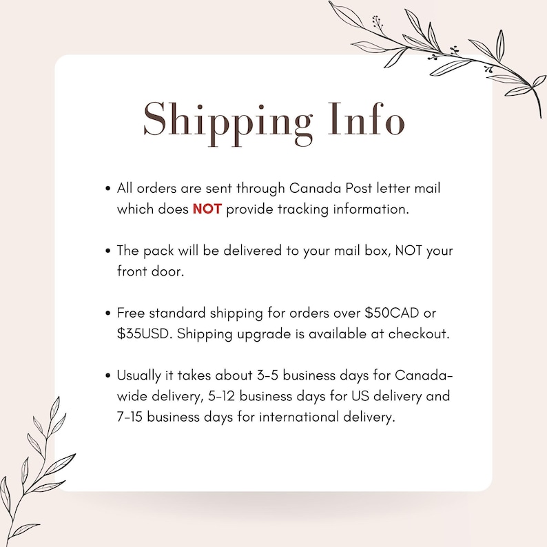 May include: A cream-colored graphic with the text "Shipping Info" in a serif font. The text below details shipping information, including delivery times and methods. Floral illustrations are in the corners.