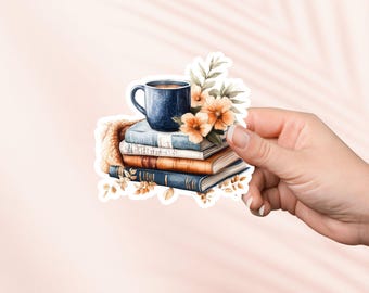 Sticker boeken en koffie, schattige leesgrage vinylsticker, leesgrage merchandise, cadeau boekenliefhebber, e-reader Kindle-stickers, leesliefhebber, gezellige herfst