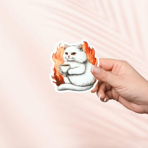 Sticker Witte kat met koffie, leesgrage merchandise, cadeau boekenliefhebber, e-reader Kindle-stickers, leesliefhebber, Booktok, schattige Cottagecore-sticker