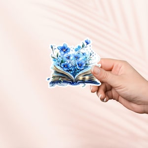Pegatina de flores azules y libro, bonita pegatina de estilo cottagecore, pegatinas para Kindle, artículos de libros, regalo para amantes de los libros, regalo para lectores electrónicos, amante de la lectura
