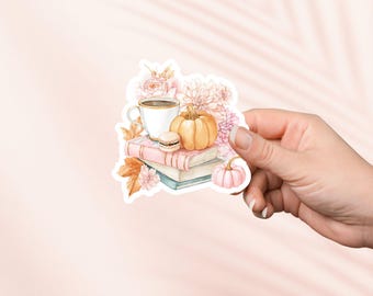 Books and Pumpkin Coffee Sticker, Cute Cottagecore Sticker, Kindle Stickers, Bookish Merch, Book Lover Gift, e-reader Gift, Reading Lover