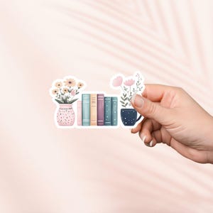 Pegatina de libros y frascos de flores, bonita pegatina de vinilo para amantes de los libros, artículos para amantes de los libros, pegatinas para Kindle, amantes de la lectura, primavera