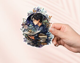Sticker jongeman leest in tuin, schattige Cottagecore-sticker, Kindle-stickers, leesgrage merchandise, cadeau boekenliefhebber, cadeau e-reader, leesliefhebber