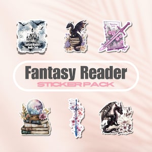 Pack d'autocollants Fantasy Reader, lot d'autocollants livresques en vinyle, cadeau pour les amoureux des livres, autocollants Kindle pour liseuse électronique, épée de fleurs, livre dragon, romantisme
