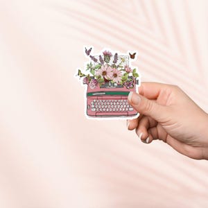 Pegatina de máquina de escribir con diseño floral, bonita pegatina para amantes de los libros, pegatinas para Kindle, artículos para amantes de los libros, regalo para amantes de los libros, regalo para lectores electrónicos, amante de la lectura, Cottagecore