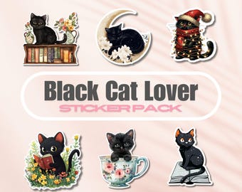 Black Cat Lover Sticker Pack, Vinyl Bookish Stickers Bundle, Book Lover Holiday Gift, e-reader Kindle Stickers, Kitty on Books, Glitter Moon