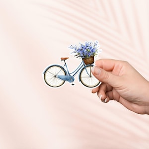 Sticker blauwe fiets met bloemen, schattige cottagecore-vinylsticker, Kindle-sticker, leesgrage merchandise, cadeau minnaar boek lezen, laptopsticker