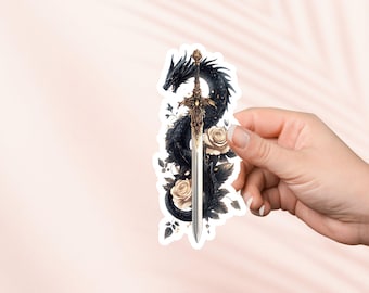 May include: A black dragon wrapped around a silver sword with a gold hilt. The dragon is surrounded by white roses and green leaves.