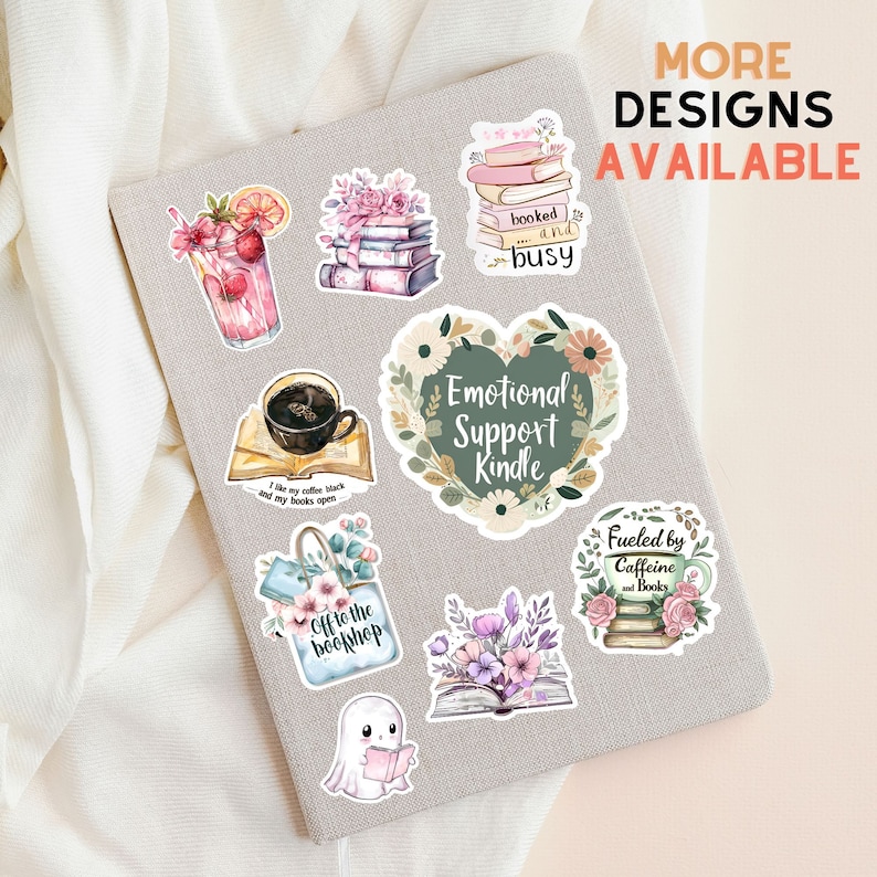 May include: A set of nine stickers featuring illustrations of books, coffee, and flowers. The stickers have text that reads "booked and busy", "Emotional Support Kindle", "Fueled by Caffeine and Books", and "Off to the Bookshop".