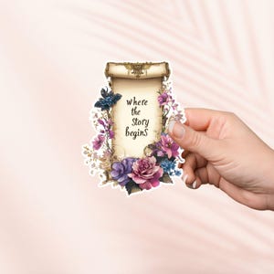 Pegatina "Donde comienza la historia", bonita pegatina para amantes de los libros, pergamino antiguo, artículos para amantes de los libros, regalo para amantes de los libros, pegatinas para lectores electrónicos Kindle, amantes de la lectura