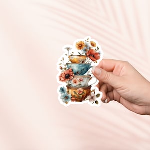 Pegatina de tazas de té vintage, linda pegatina de vinilo bookish, merchandising bookish, regalo para amantes de los libros, pegatinas Kindle para lectores electrónicos, amante de la lectura, Cottagecore