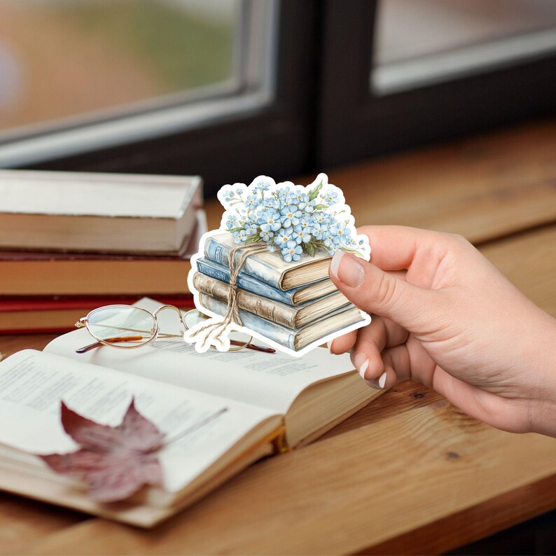 Vintage Books and Blue Flowers Sticker, Cute Bookish Vinyl Sticker ...