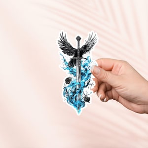 Pegatina de Espada de Fantasía de Cuervo Negro y Fuego Azul, pegatina para Kindle, merchandising literario, regalo para amantes de la lectura, pegatinas para tabletas y lectores electrónicos, para amantes de la lectura