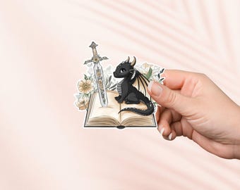 Zwarte babydraak romantiek boek sticker, schattige Kindle laptop tablet stickers, fantasy leesgrage merchandise, boekenliefhebber cadeau, leesliefhebber, Booktok