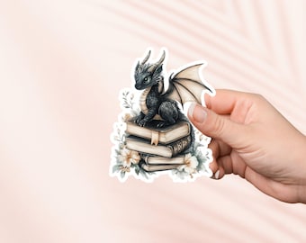 Black Baby Dragon Book Sticker, Cute Vinyl Sticker, Fantasy Bookish Merch, Book Lover Gift, e-reader Kindle Stickers, Reading Lover, Booktok