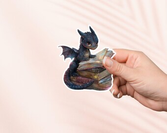 Black Baby Dragon Book Sticker, Cute Vinyl Sticker, Fantasy Bookish Merch, Book Lover Gift, e-reader Kindle Stickers, Reading Lover, Booktok