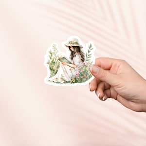 Sticker fille lisant dans le jardin, Sticker Cottagecore mignon, Stickers Kindle, produit livresque, cadeau pour amoureux des livres, cadeau liseuse, amateur de lecture