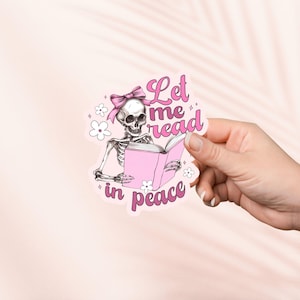 Pegatina Déjame leer en paz, pegatina Kindle, merchandising de libros, regalo para amantes de los libros, amante de la lectura, esqueleto de Pink Coquette leyendo, booktok